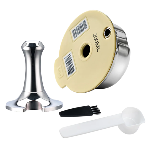 Reusable 200 ml Capsule for Tassimo Coffee Machine with Tamper, Plastic Spoon and Cleaning Brush for Ground Coffee