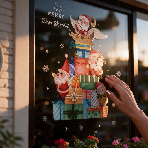 Reusable Christmas Window Stickers Santa Claus with Gifts and Snowman Merry Christmas Colourful Window and Shop Display Decorations
