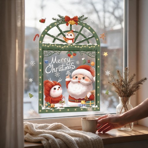 Reusable Christmas Window Stickers Santa with Snowman in Green Window with Lights Merry Christmas Decoration for Glass