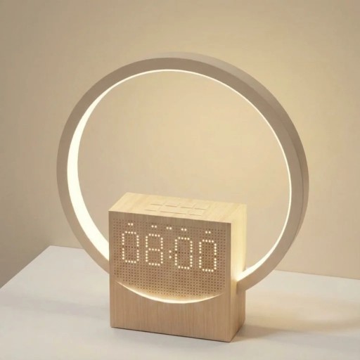 Réveil lumineux avec anneau lumineux et haut-parleur Bluetooth Aspect bois Simulation de lever de soleil Sons pour dormir Contrôle tactile 22 cm