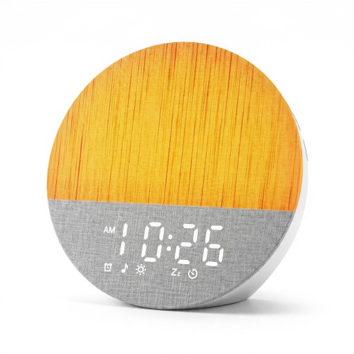 Réveil lumineux avec simulation de lever et coucher de soleil 30 sons et bruit blanc 17 modes lumineux Housse en tissu 16,5 cm Blanc Pour la chambre