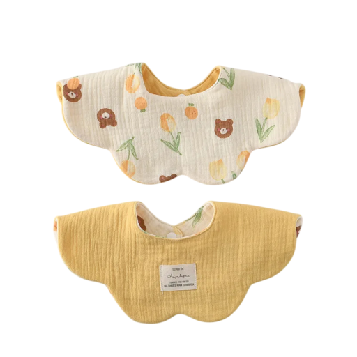 Reversible Baby Bib Beige Side with Bears and Flowers Yellow Plain Side Soft Dribble Bib Rounded Petal Cut