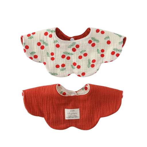 Reversible Baby Bib Beige Side with Cherries and Green Leaves Brick Red Smooth Side Wavy Edge Press Stud at Neck