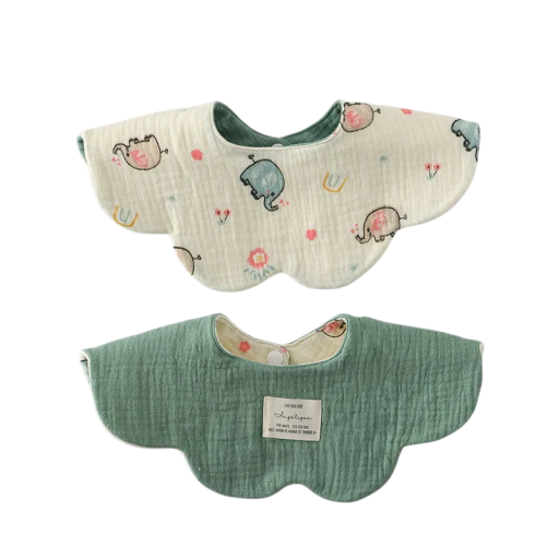Reversible Baby Bib Beige Side with Elephant and Small Flower Print Green Smooth Side Press Stud at Neck Wavy Petal Edge