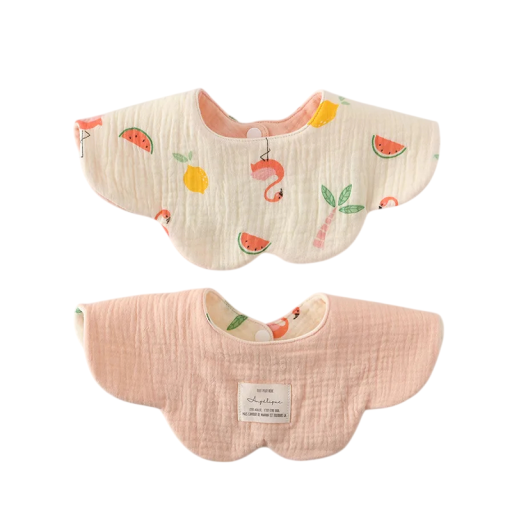 Reversible Baby Bib Tropical Print with Flamingos and Fruit on the Beige Side Light Pink Smooth Side Wavy Edge Snap Fastener at the Neck