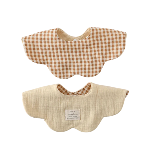 Reversible Baby Bib with Wavy Edge Brown Checkered Side Beige Plain Side Snap Fastener at Neck Soft Design