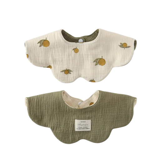 Reversible Baby Bib with Wavy Edge Cream Side with Lemons and Green Leaves Olive Green Smooth Side Press Stud at Neck