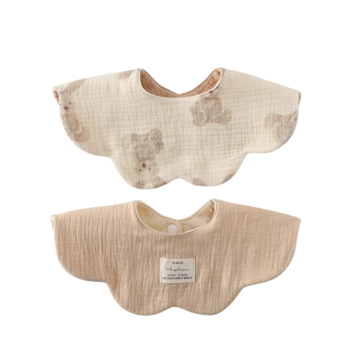 Reversible Baby Bib with Wavy Edge Cream Side with Painted Bunnies Sandy Beige Plain Side Popper at Neck