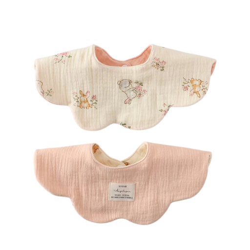 Reversible Bib for Children Beige Side with Bunnies and Pink Flowers Light Pink Plain Design Soft Dribble Bib with Snap Fastener