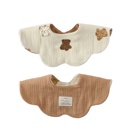 Reversible Bib for Children Beige Side with Large Bears Cinnamon Brown Plain Side Wavy Edge Soft and Lightweight Design