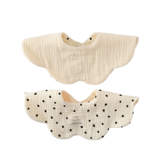 Reversible Bib for Children Beige Side with Small Dark Dots Beige Plain Side Wavy Edge Soft and Lightweight Design