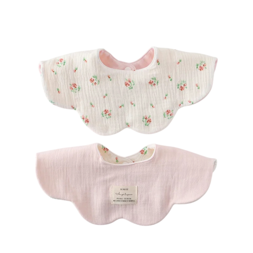 Reversible Bib for Children with Snap Fastener at the Neck Wavy Petal-Shaped Edge White Side with Small Flowers and Pink Side