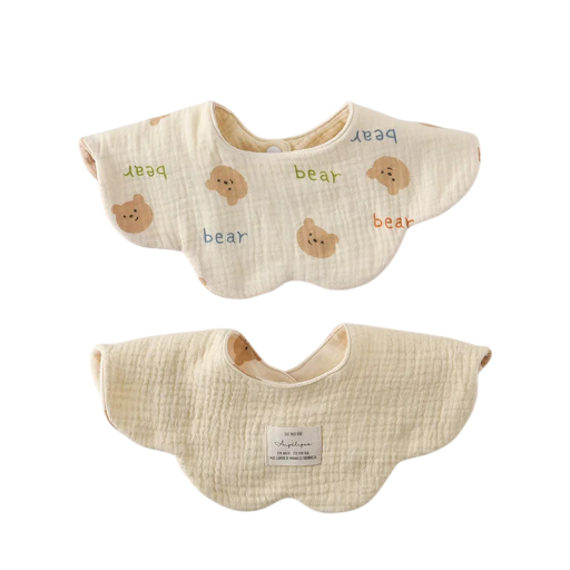 Reversible Children's Bib with Wavy Edge Beige Side with Bears and Colourful Text Beige Plain Side Snap Fastener at Neck