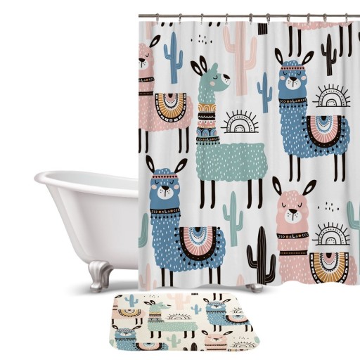 Rideau de douche et tapis avec lama 2 pièces