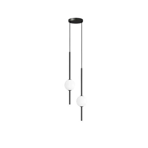 Riippuva LED-kattokruunu kahdella putkella ja kahdella pallolampulla. Minimalistinen valaistus. Säädettävä pituus 200 cm. Lämmin valkoinen