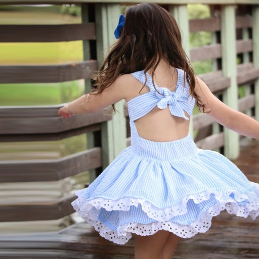 Robe à rayures pour fille avec dentelle - Bleu et blanc