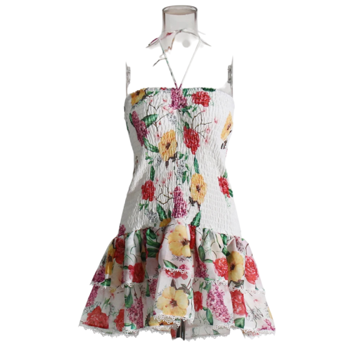 Robe d'été sans manches avec smocks et jupe volantée Imprimé floral Bustier élastique Décolleté derrière le cou Style élégant d'été
