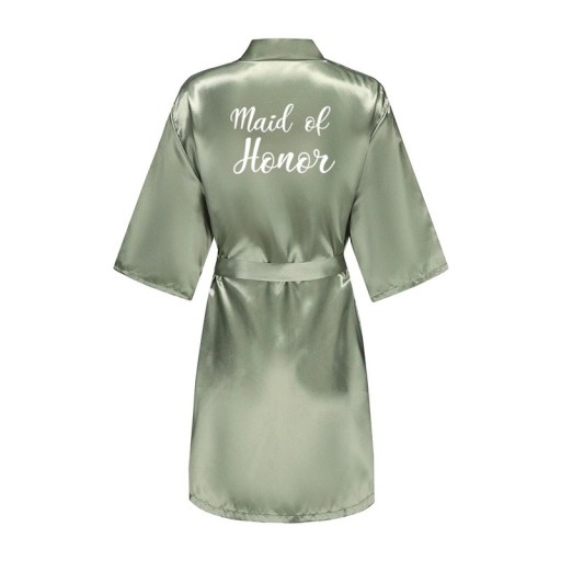 Robe de chambre verte en satin synthétique Élégante robe de chambre légère à nouer avec l'inscription MAID OF HONOR Vêtement stylé