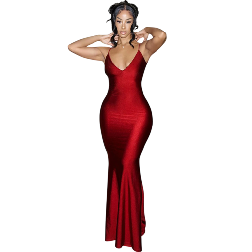 Robe longue en satin élégante avec décolleté plongeant et dos nu Coupe ajustée avec fronces à l'arrière Robe de soirée