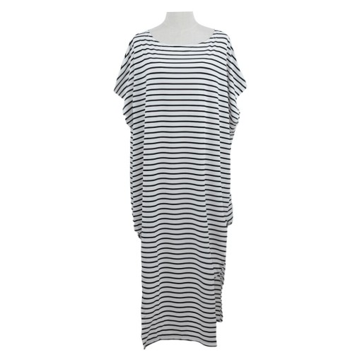 Robe maxi rayée d'été pour femmes Ourlet asymétrique avec fentes latérales Coupe ample Décolleté large Manches courtes Polyester