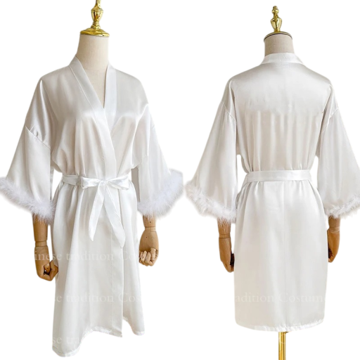 Rochie de baie albă pentru femei cu margini din pluș la mâneci și legare în talie Rochie de baie ușoară din poliester și mătase artificială Rochie