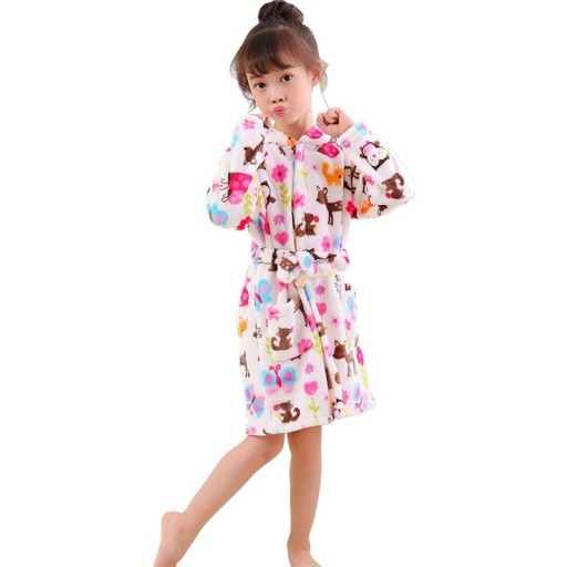 Rochie de baie unisex din fleece cu legare cu sfoară din poliester alb cu animale