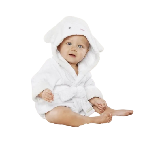 Rochie de baie unisex din pluș cu glugă, legare cu șnur, bumbac, alb cu motiv de oaie, rochie moale și călduroasă
