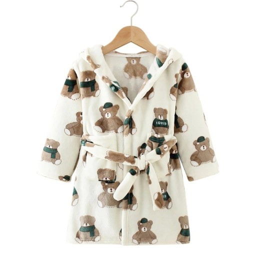 Rochie de baie unisex din pluș cu legare cu șnur din poliester bej cu urși de pluș Rochie moale și călduroasă pentru copii