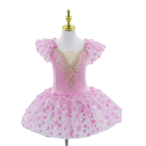 Rochie de balet cu fustă tutu, mâneci scurte pufoase și decoratiuni cu paiete, rochie elastică din nylon pentru spectacole și coregrafii de dans