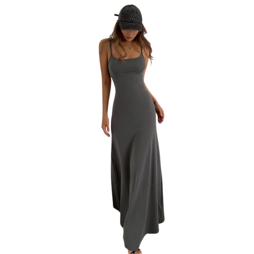 Rochie lungă de damă cu bretele subțiri Rochie lejeră cu croială minimalistă Partea superioară ajustată și fund fluid Ținută confortabilă de vară