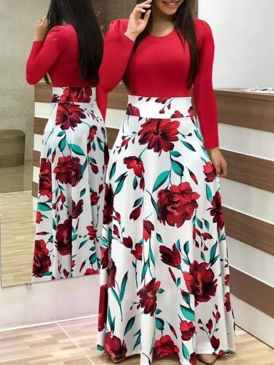 Rochie lungă de damă cu fustă colorată