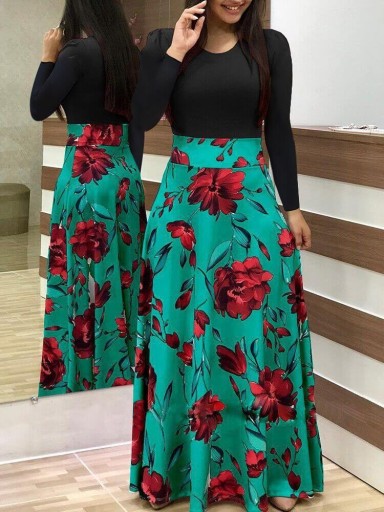 Rochie lungă de damă cu fustă colorată