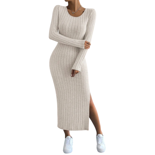 Rochie lungă de damă din tricot, cu fante. Croială moale, cu mâneci lungi. Rochie eleganta confortabila cu decolteu rotund.
