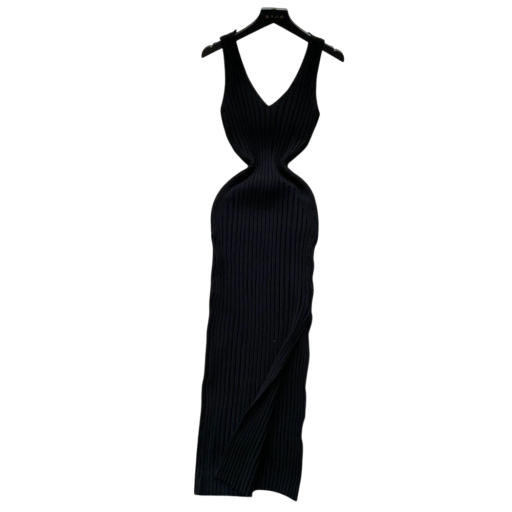 Rochie lungă din tricot cu coaste, fără mâneci, cu decolteu în V Rochie elegantă din tricot, moale, pentru muncă și petrecere a timpului