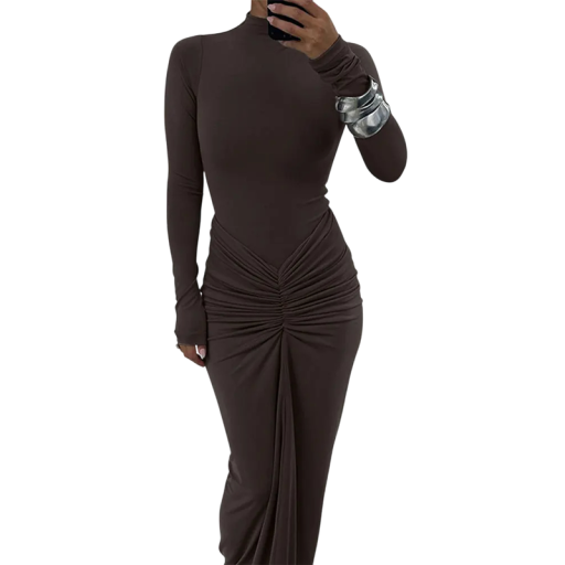 Rochie lunga eleganta de dama cu maneci lungi. Croiala potrivita. Guler înalt. Fantezie fantezie în talie. Stil de seară formal.
