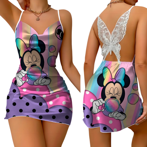 Rochie mini colorată cu imprimeu cu caracter și bule Spate din dantelă fluture Model cu buline multicolore Ținută drăguță de vară