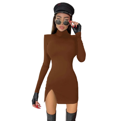 Rochie mini cu mânecă lungă Guler înalt Fată mică Umeri ascuțiți Croială strânsă sexy Rochie de seară pentru femei Moda pentru petreceri și club