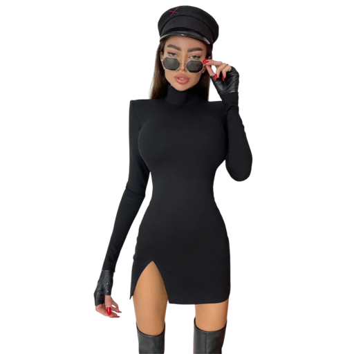 Rochie mini cu mânecă lungă Guler înalt Fată mică Umeri ascuțiți Croială strânsă sexy Rochie de seară pentru femei Moda pentru petreceri și club