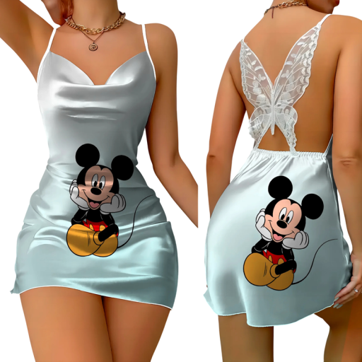 Rochie mini din desene animate cu dantelă la spate Decupaj fluture pe spate Aspect de satin de vară Imprimeu drăguț