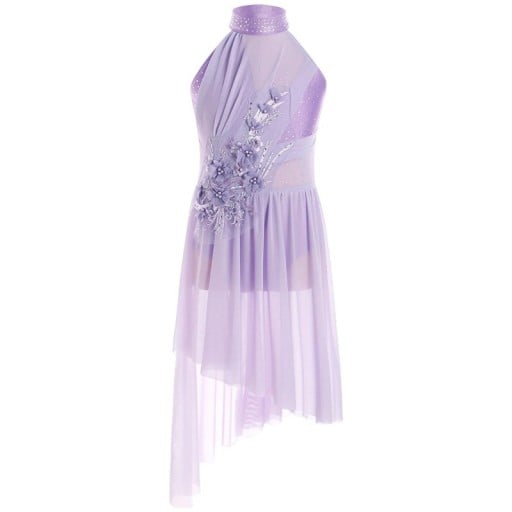 Rochii de dans pentru fete cu fustă asimetrică, aplicație florală 3D și guler cu strasuri, rochii elastice din nylon pentru dans liric