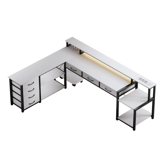 Rohový počítačový stůl ve tvaru L se šuplíky LED osvětlení 3 zásuvky 230 V a 2 USB porty 200 x 146 x 78 cm police a skříňka do pracovny
