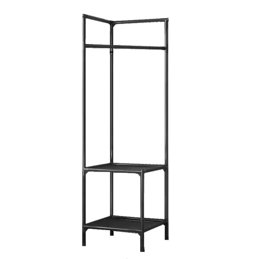 Rohový suport pentru îmbrăcăminte 180 x 45 x 45 cm cu bară de 60 cm Structură metalică din oțel carbon și două rafturi din țesătură nețesută Rohový suport pentru îmbrăcăminte 180 x 45 x 45 cm cu bară de 60 cm Structură metalică din oțel carbon și două rafturi din țesătură nețesută