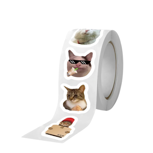Rolă autocolante meme pisici waterproof 500 buc 2,5x2,5 cm etichete albe cu motiv amuzant pentru pachete, agende, decorare
