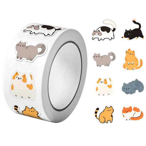 Role samolepek s roztomilými kočkami 2,54 cm 500 ks samolepicí etikety pro balení dárků, sešitů, deníků a tvoření