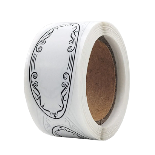 Role se štítky na potraviny 150 ks 5,7x2,5 cm bílé etikety s černým ornamentem na kořenky dózy sklenice do kuchyně