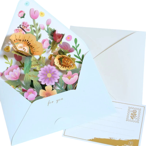 Romantic 3D Floral Greeting Card with Envelope and Postcard Pop-Up Greeting Card Colourful Flowers Creative Birthday Christmas Wedding Gift Card