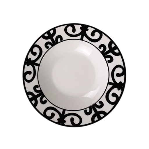 Ronde platte keramische schaal 21,59 cm met een ornamentaal patroon aan de rand decoratieve schaal voor het serveren van maaltijden en desserts