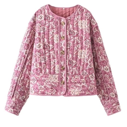 Rosa Damen Steppjacke mit Blumenmuster Leichte Frühlingsjacke mit Knöpfen Stilvolle Jacke mit Taschen und langen Ärmeln