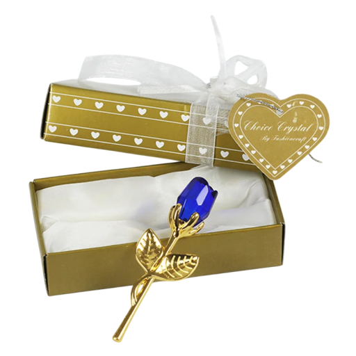 Rosa de cristal artificial con tallo dorado en caja de regalo 9 x 3 cm, caja dorada 3 x 5,5 x 12 cm