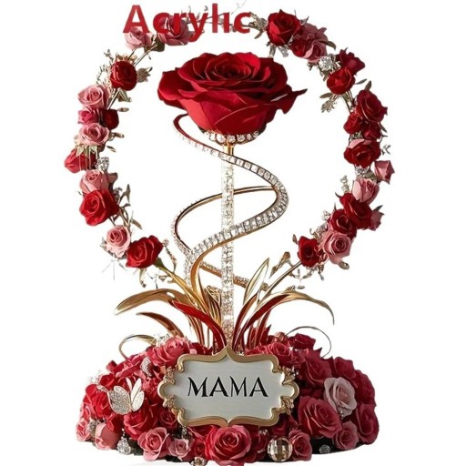 Rosa decorativa 2D en soporte para mamá, acabado acrílico, decoración roja y dorada, regalo para el Día de la Madre y cumpleaños
